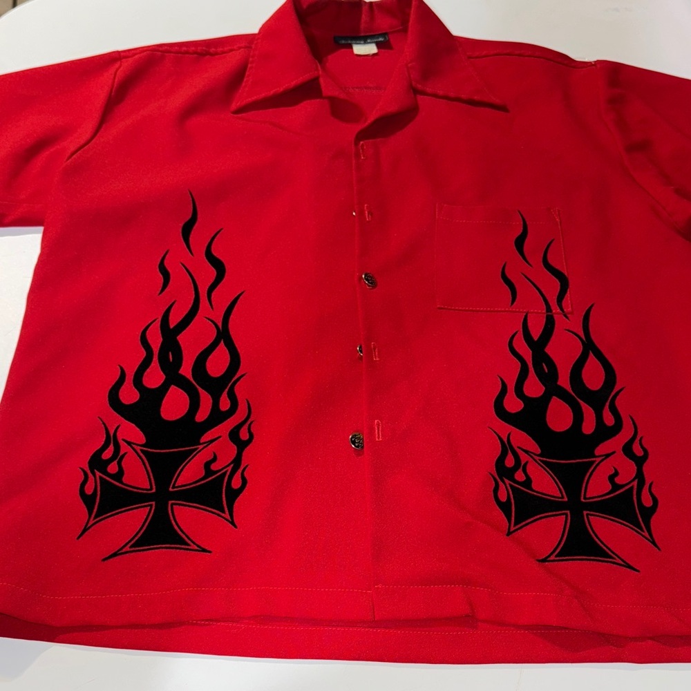 Vintage Johnny Suede Red Flame and Iron Cross Red Bowling Shirt‎